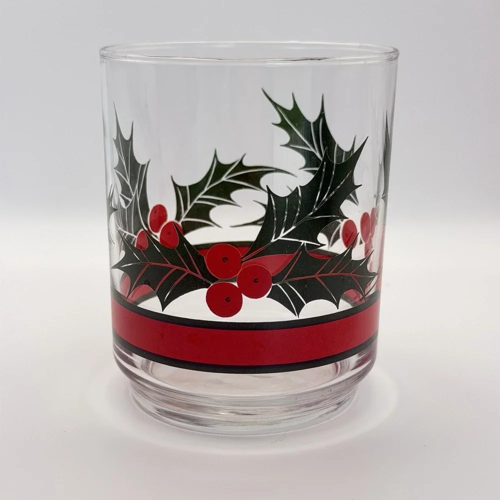 4 Vintage Libbey Holly Berry Christmas Glasses Lowball Tumblers Holiday Season‎